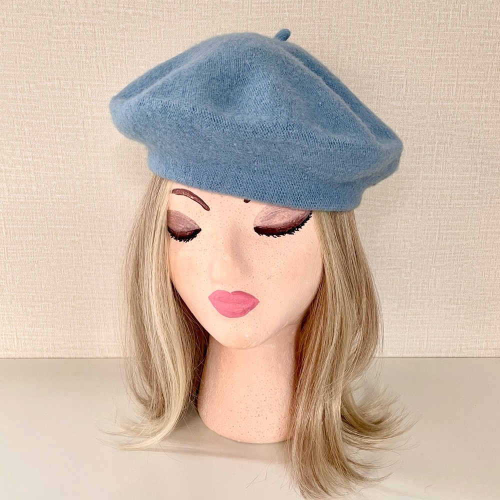 French Style Beret, Periwinkle Blue, Felted Wool Feel, Tail at Center To…